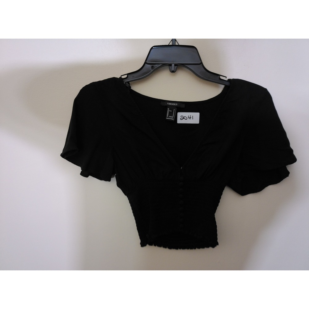 Forever 21 Crop Top Womens Small Black Vtg Inspo Smocked Flutter Sleeve Flirty